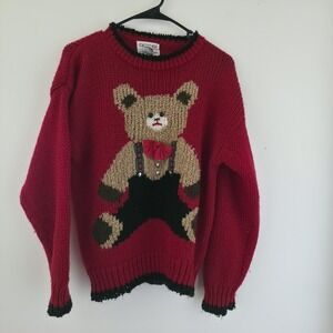VTG Color Cues Hand Knitted Teddy Bear Sweater Red Chunky Knit 3D Bow 80s 90s M